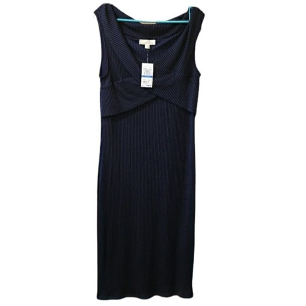 Michael Michael Kors Navy Blue Ribbed Knit Stretch Midi Dress Gold Zip XL